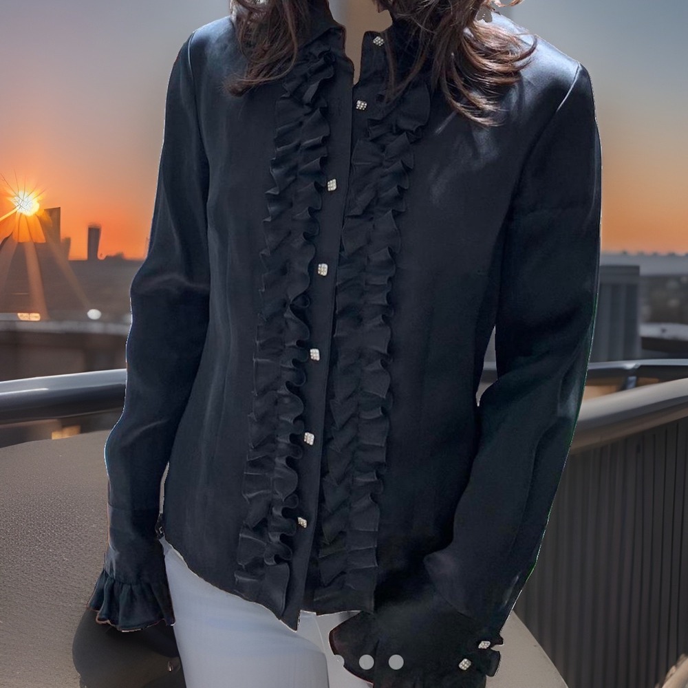 Talbots Woman Plus Size 18W Pure Silk Ruffle Button Up L/S Tuxedo Blouse Black